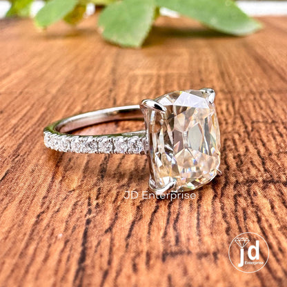 Old Mine Cushion Moissanite Ring, Off-White Moissanite Anniversary Ring, Vintage Style Engagement Ring, Pave Set Moissanite Proposal Ring