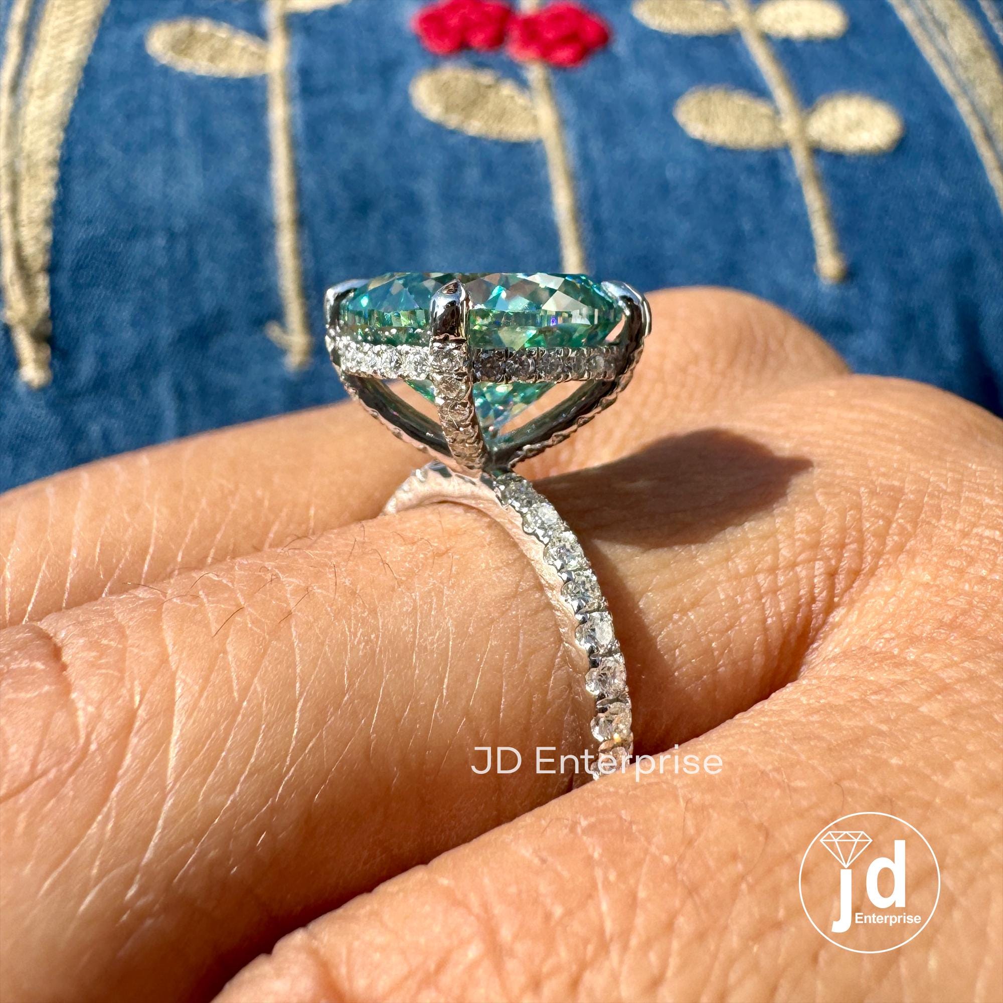 7.50 CT Sparkling Portuguese Cut Cyan Blue Moissanite Engagement Ring, Hidden Halo Ring, Eternity Pave Wedding Ring, Anniversary Gift Ring