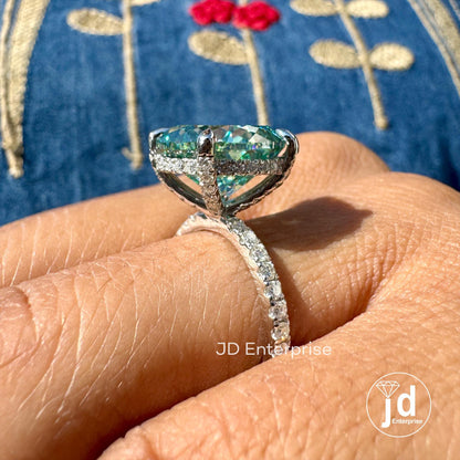 7.50 CT Sparkling Portuguese Cut Cyan Blue Moissanite Engagement Ring, Hidden Halo Ring, Eternity Pave Wedding Ring, Anniversary Gift Ring