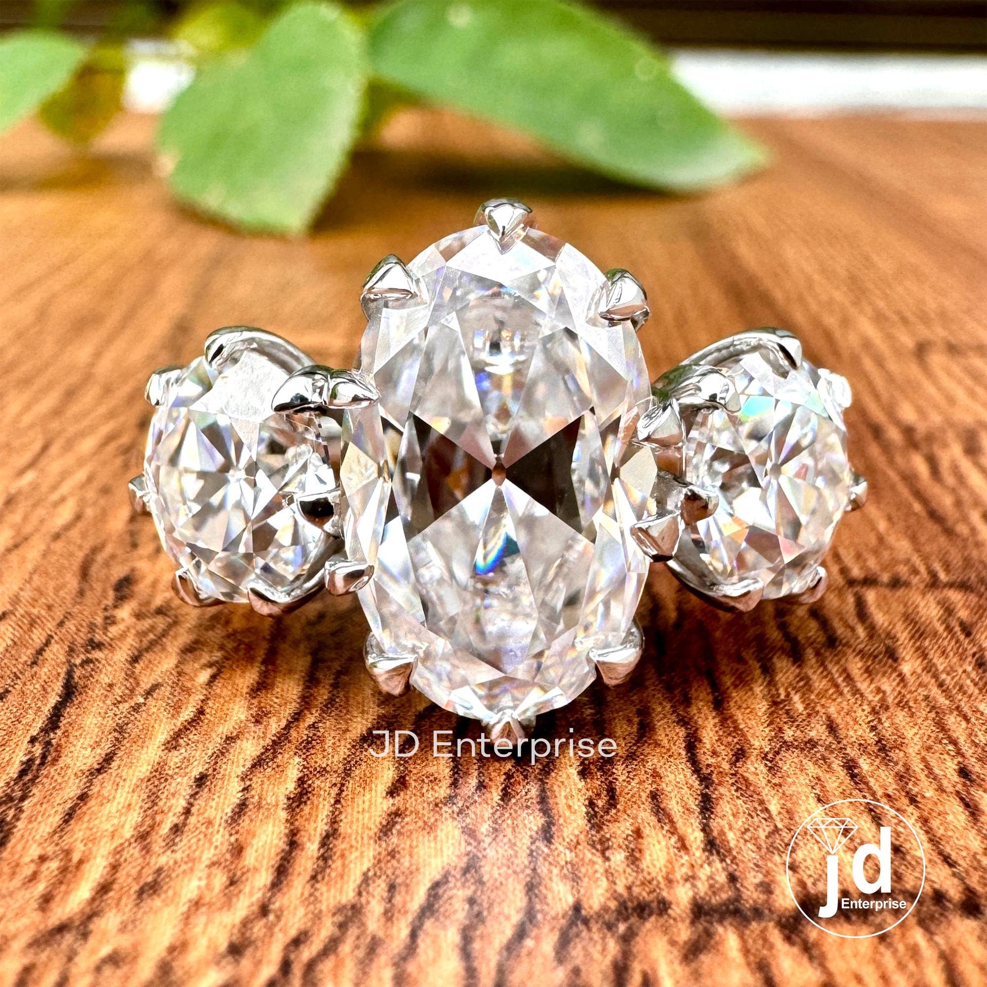 8.00 TW Colorless Oval and Round Old Mine Cut Moissanite Ring, Vintage Style Engagement Ring, Three Stone Wedding Ring, Celebrity Style Ring