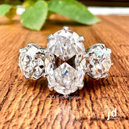 8.00 TW Colorless Oval and Round Old Mine Cut Moissanite Ring, Vintage Style Engagement Ring, Three Stone Wedding Ring, Celebrity Style Ring