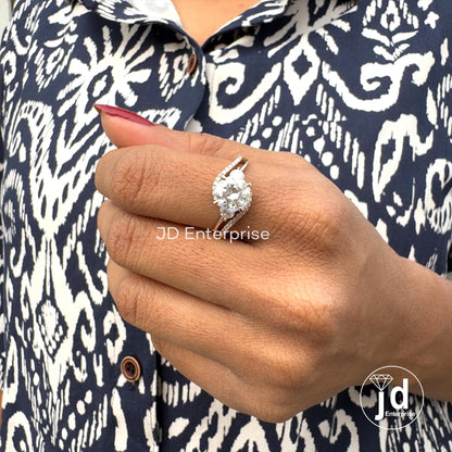2.00 CT Round Moissanite Engagement Ring, Split Shank Anniversary Ring, Split Pave Set Wedding Ring, Bypass Shank Three Stone Bridal Ring