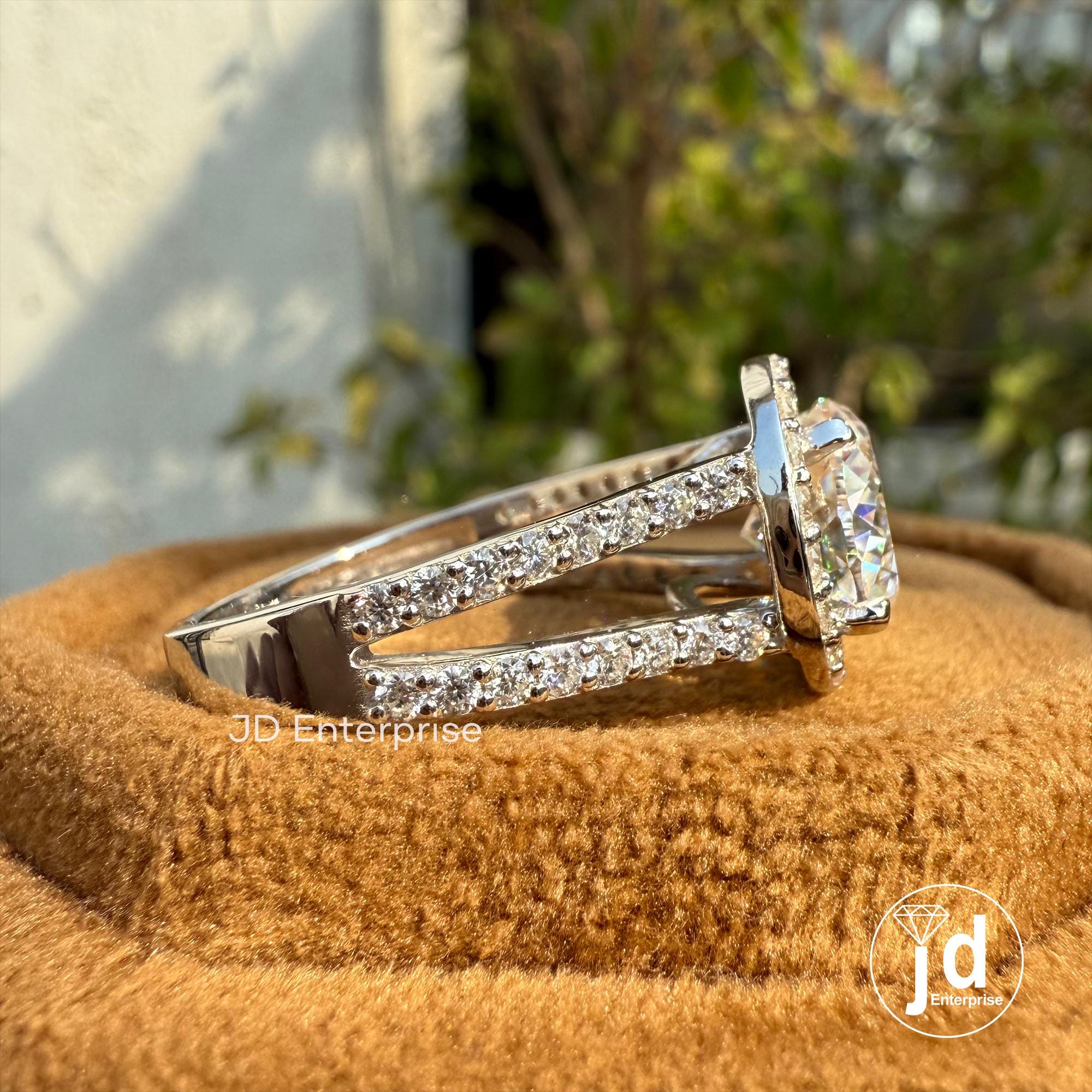 Portuguese Cut Moissanite Engagement Ring, 2.5 CT Colorless Moissanite Halo Wedding Ring, Pave Split Shank Ring for Women, Anniversary Gifts