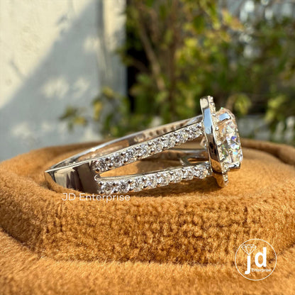 Portuguese Cut Moissanite Engagement Ring, 2.5 CT Colorless Moissanite Halo Wedding Ring, Pave Split Shank Ring for Women, Anniversary Gifts