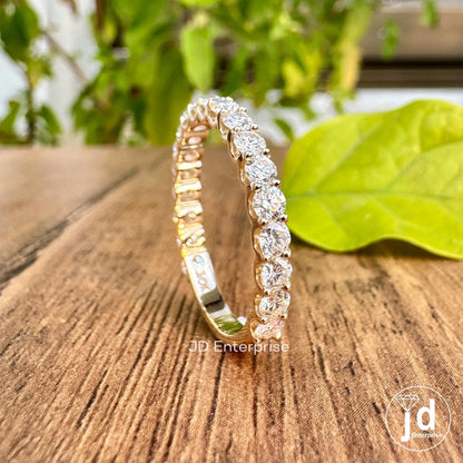 2.50 MM Round Moissanite Dainty Wedding Band, Moissanite Half Eternity Shared Prong Matching Engagement Bands, 10k Yellow Gold Bridal Band