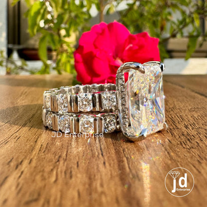 10.23 CT Large Radiant Cut Moissanite Engagement Ring, Celebrity Style Wedding Ring Set, Hidden Halo Bridal Ring Set, Bar Set Eternity Band