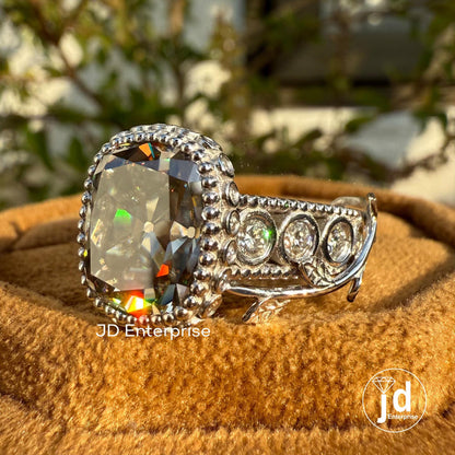 Vintage 5.24 TCW Light Grey Old Mine Cushion Cut Engagement Ring, Bezel Set Branch & Leaf Moissanite Wedding Ring, Milgrain Hidden Halo Ring