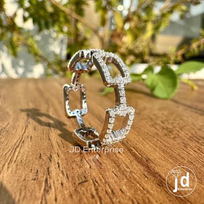 Micro Pave Chain Link Band, 0.63 TW Round Moissanite Rectangular Chain Full Eternity Wedding Band, Bridal Set, Stackable Engagement Band