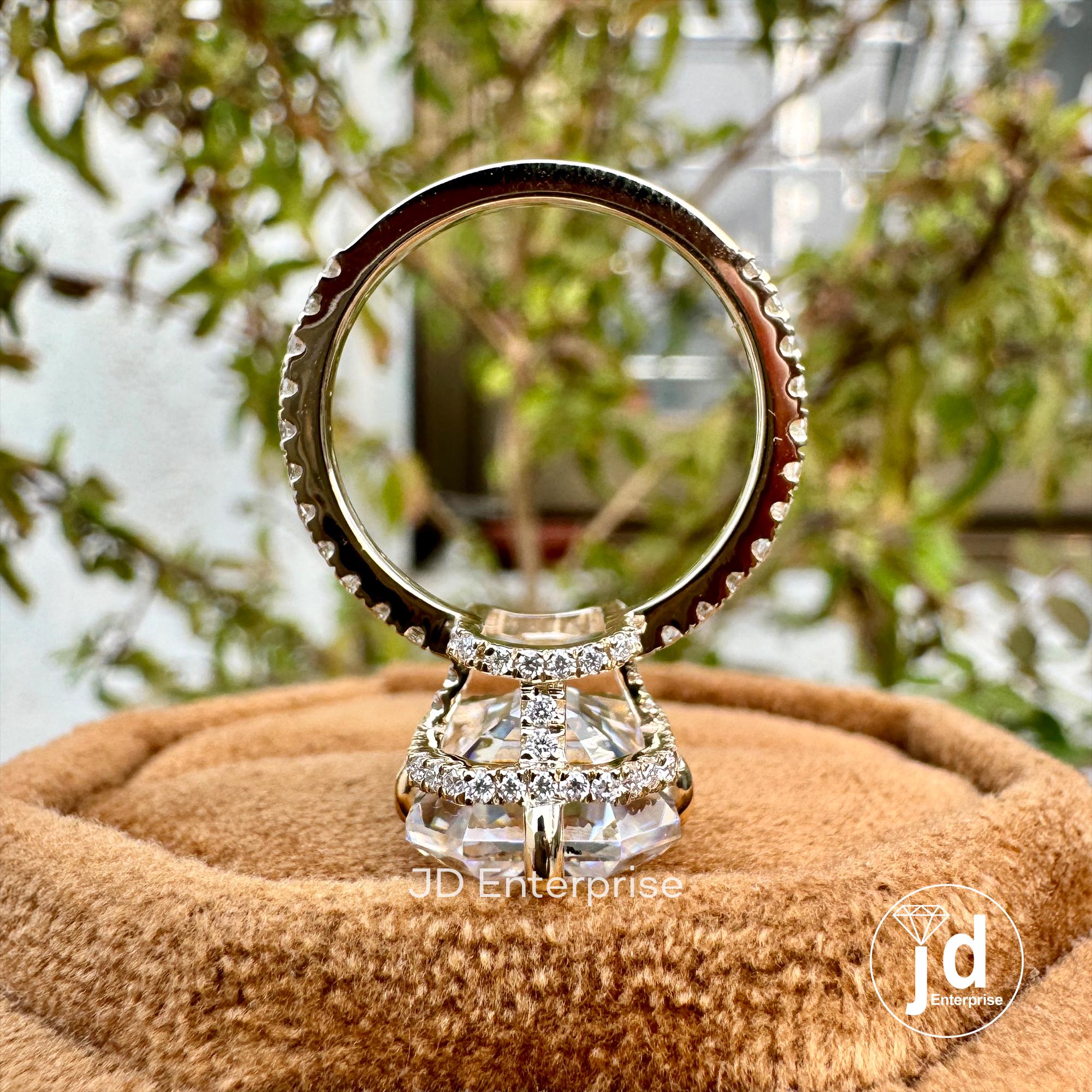 9.00 TCW Old Mine Emerald Cut Moissanite Engagement Ring, Hidden Halo Wedding Ring, Large Solitaire Celebrity Style Bridal Ring, Donut Pave