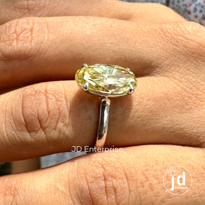 3.90 CT Moval Canary Yellow Moissanite Engagement Ring, Antique Elongated Oval Cut Moissanite Bespoken Ring, Open Gap Solitaire Wedding Ring