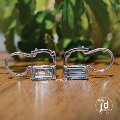4.72 TCW Cyan Blue Emerald Cut Moissanite Engagement Earrings, Moissanite Wedding Earrings, Dangle Drop Bridal Earrings, Proposal Earrings