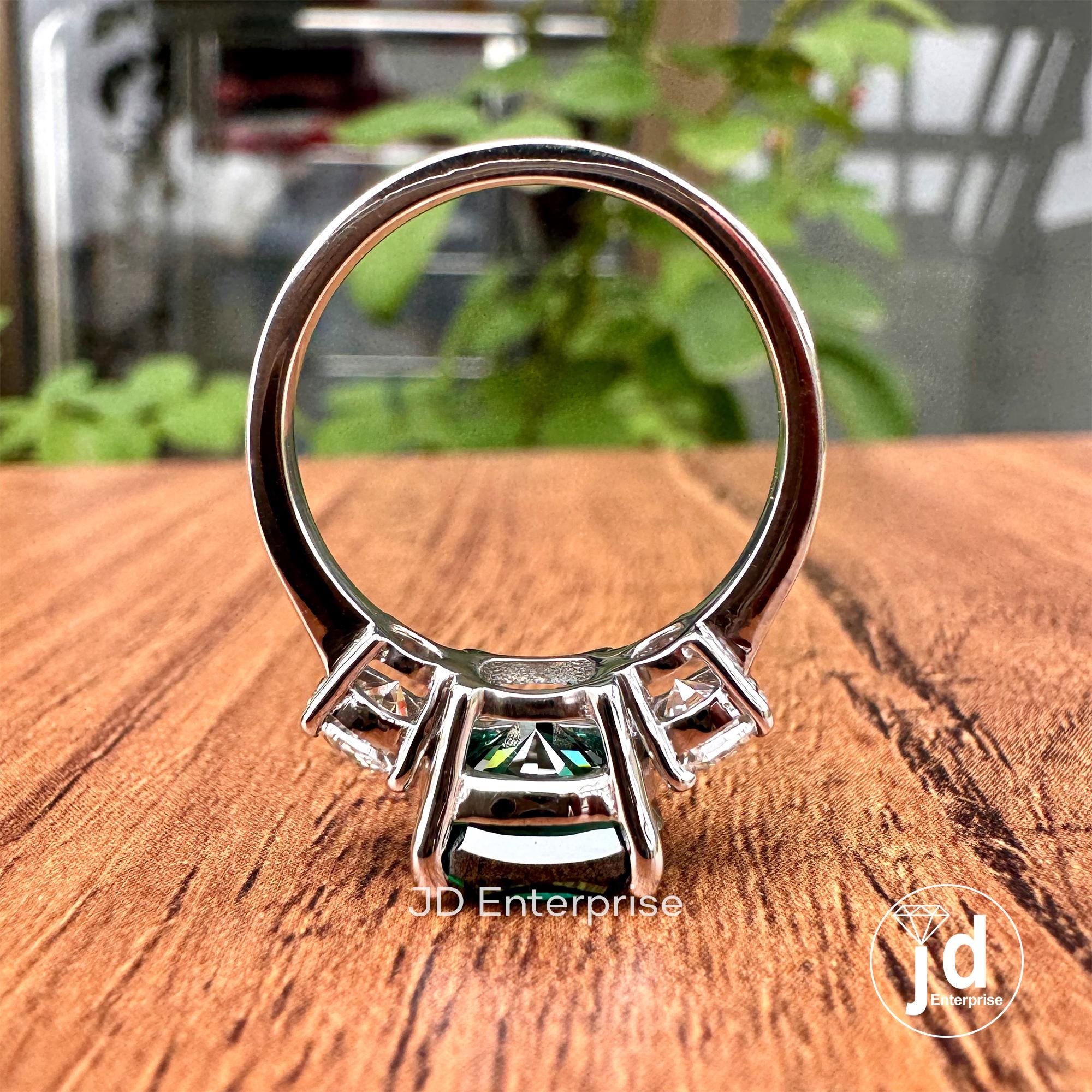 4.00TCW Cushion Cut Green Moissanite Engagement Ring, Three Stone Ring, White Gold Bridal Ring, Cocktail Anniversary Gift Ring, Wedding Ring
