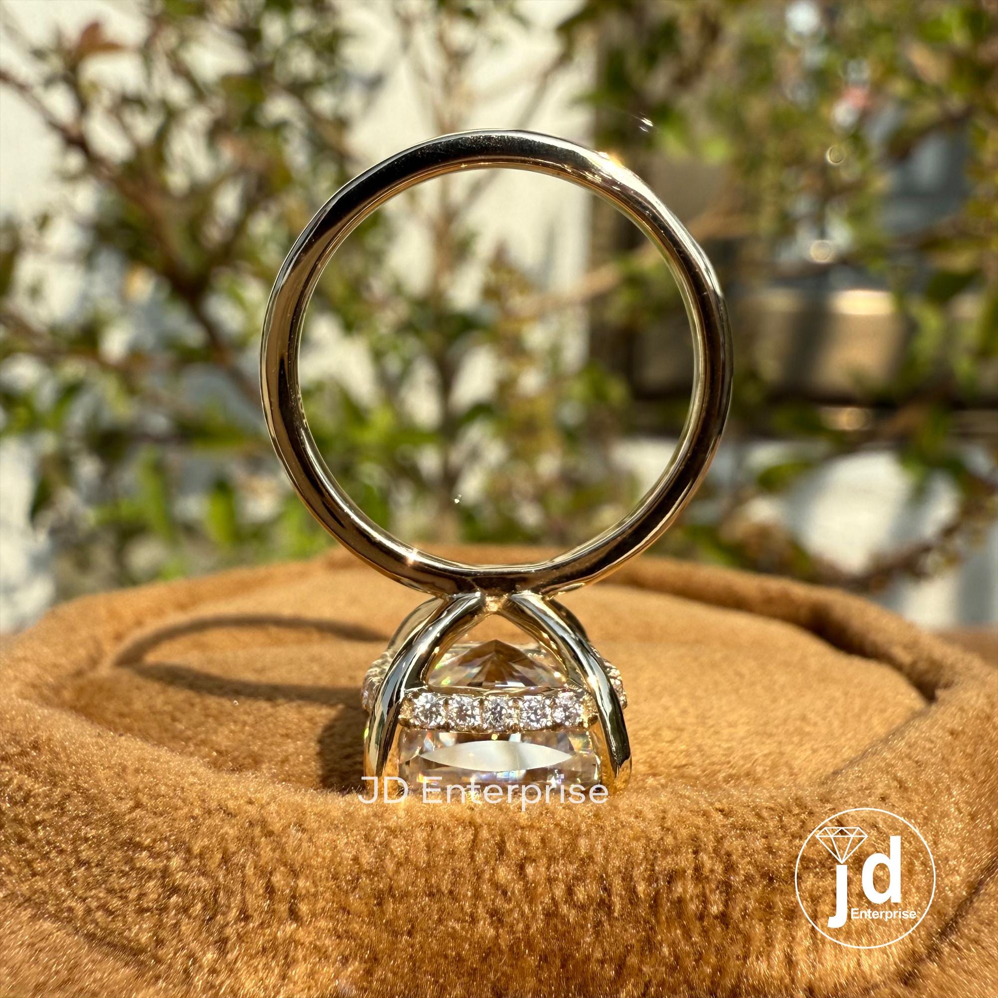 Solitaire Engagement Ring, 4.00 CT Cushion Cut Moissanite East to West Set Hidden Halo Wedding Ring, Anniversary Gifts, 10k Yellow Gold Ring