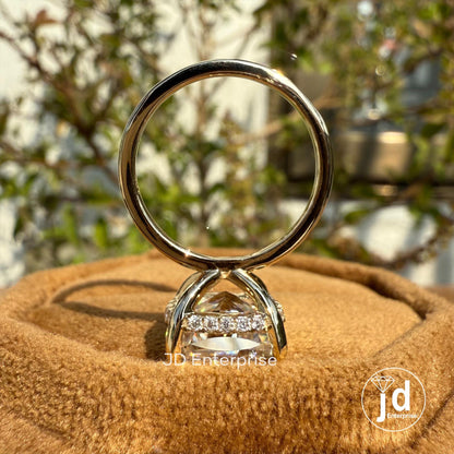 Solitaire Engagement Ring, 4.00 CT Cushion Cut Moissanite East to West Set Hidden Halo Wedding Ring, Anniversary Gifts, 10k Yellow Gold Ring