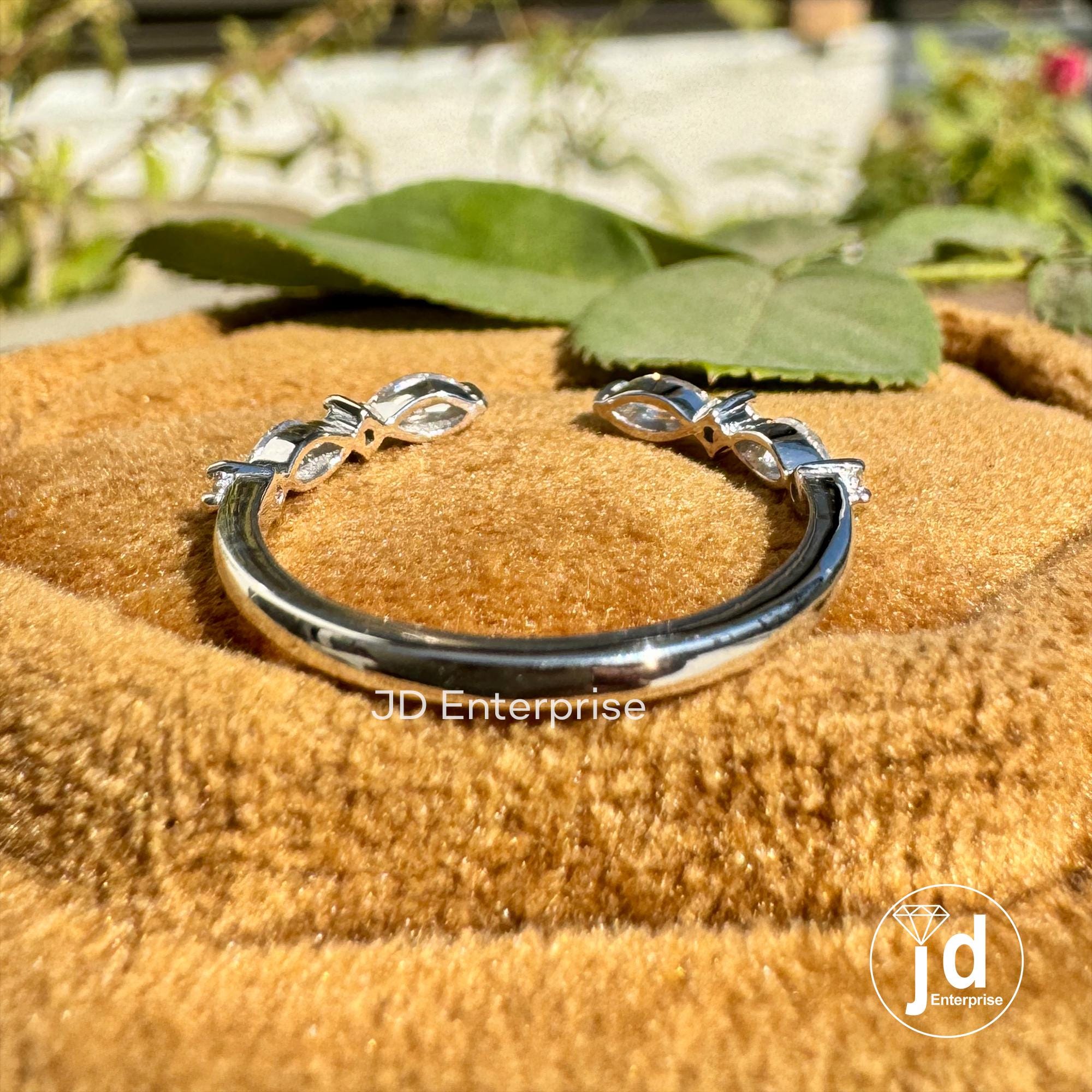Minimalist Open Gap Wedding Band, 0.30TW Marquise & Round Moissanite Engagement Band, Half Eternity Band, Stackable Matching Band for Women