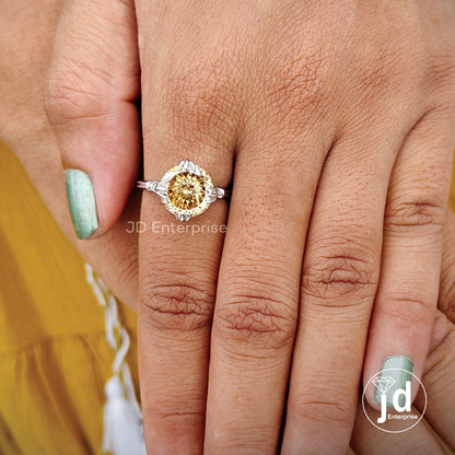 5.05 CT Portuguese Champagne Moissanite Engagement Ring, Milgrain Wedding Ring, Fish Tail Prongs, Round Accent Bridal Ring, Anniversary Ring