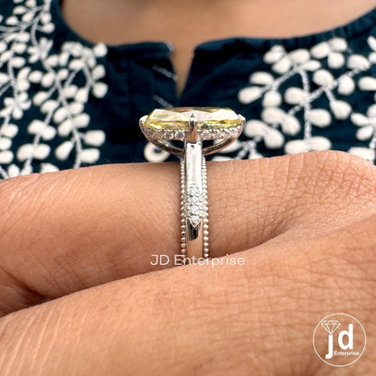 Canary Yellow Moissanite Engagement Ring, 4.00 CT Antique Elongated Oval Wedding Ring, Hidden Halo Milgrain Ring, Anniversary Gift Ring