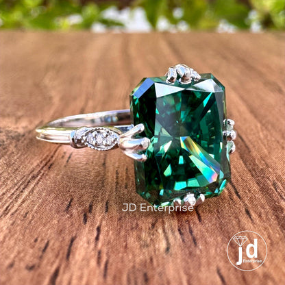 5.01 CT Radiant Cut Green Moissanite Engagement Ring, Vintage Style Wedding Ring, Fish Tail Prong, White/Yellow/Rose Gold Anniversary Ring