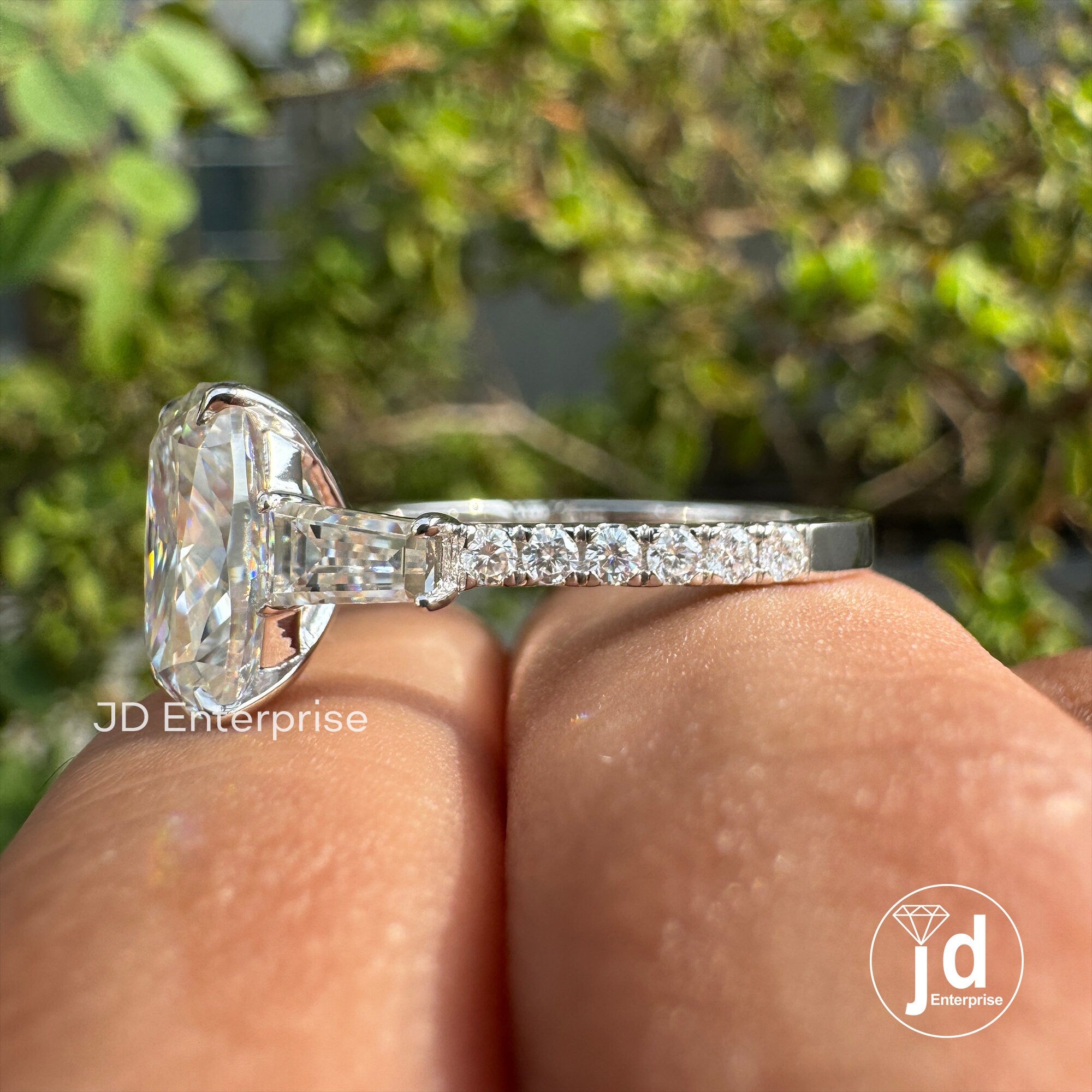 3.20 TW Elongated Cushion Moissanite Ring, Three Stone Engagement Ring, Side Tapered Baguettes Wedding Ring, Pave Set Propose Ring for Women