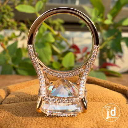 Large 14.50 CT Cushion Cut Moissanite Ring, Hidden Halo Engagement Ring, Pave Split Shank Celebrity Style Wedding Ring, Solid Rose Gold Ring