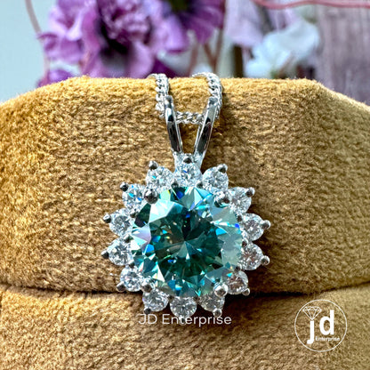 Flower Style 4.00 CT Round Cut Cluster Halo Wedding Pendant, Blue Green Moissanite Charm Pendant for Necklace, Engagement/Anniversary Gifts