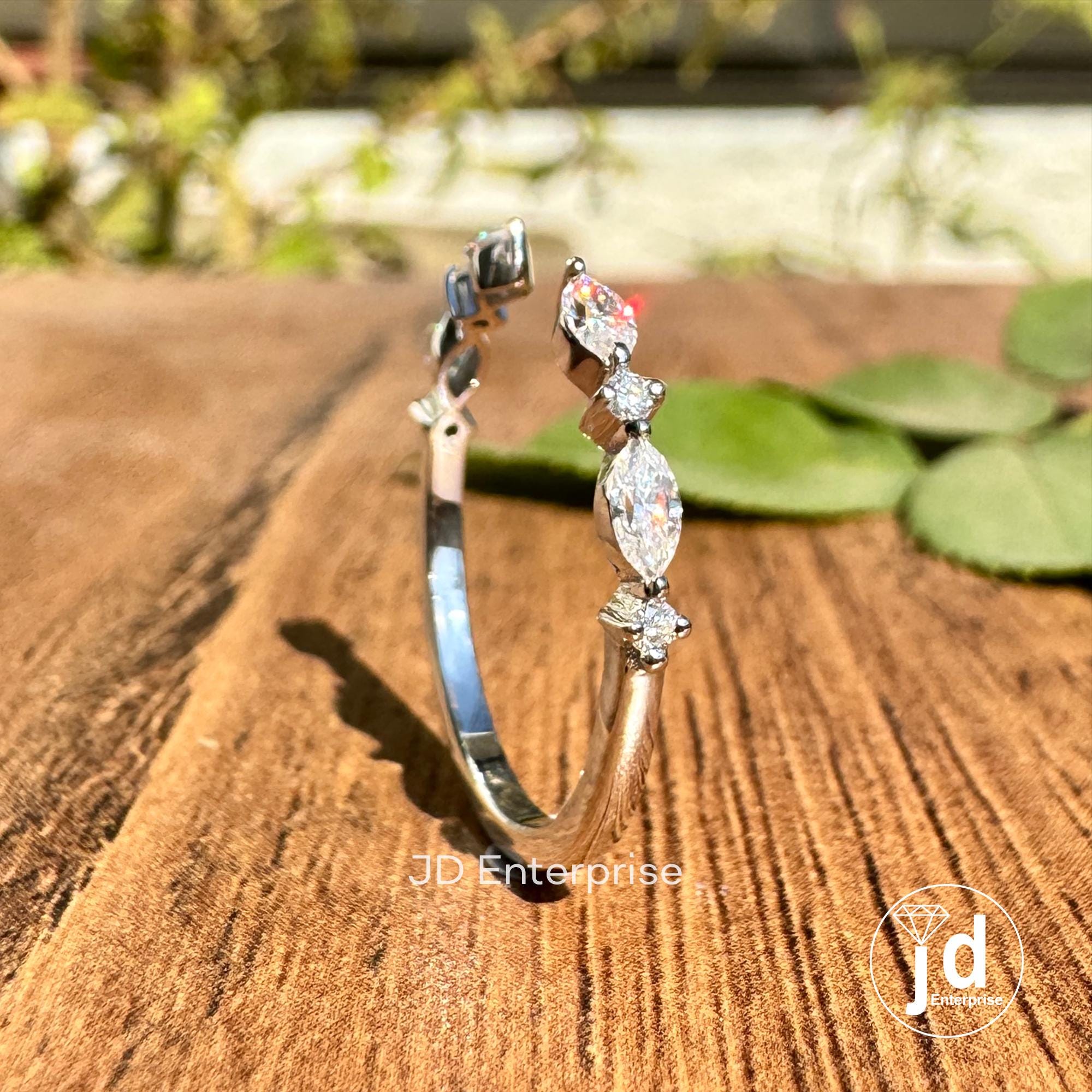 Minimalist Open Gap Wedding Band, 0.30TW Marquise & Round Moissanite Engagement Band, Half Eternity Band, Stackable Matching Band for Women