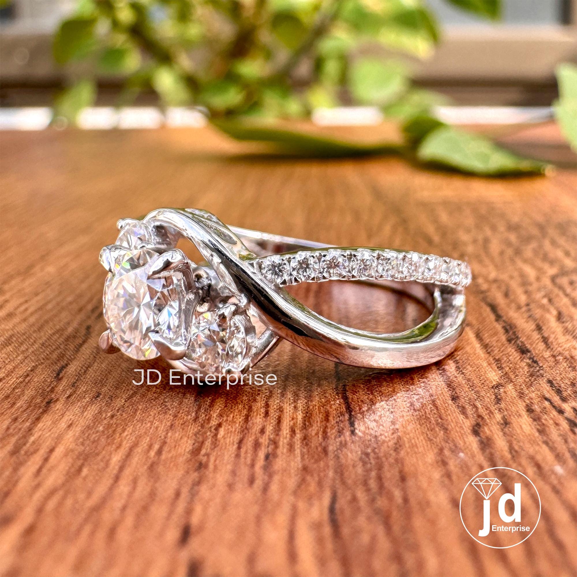 1.12 CT Colorless Round Cut Moissanite Engagement Ring, Three Stone Wedding Ring, Pave Bypass Shank Designer Ring, Anniversary Ring