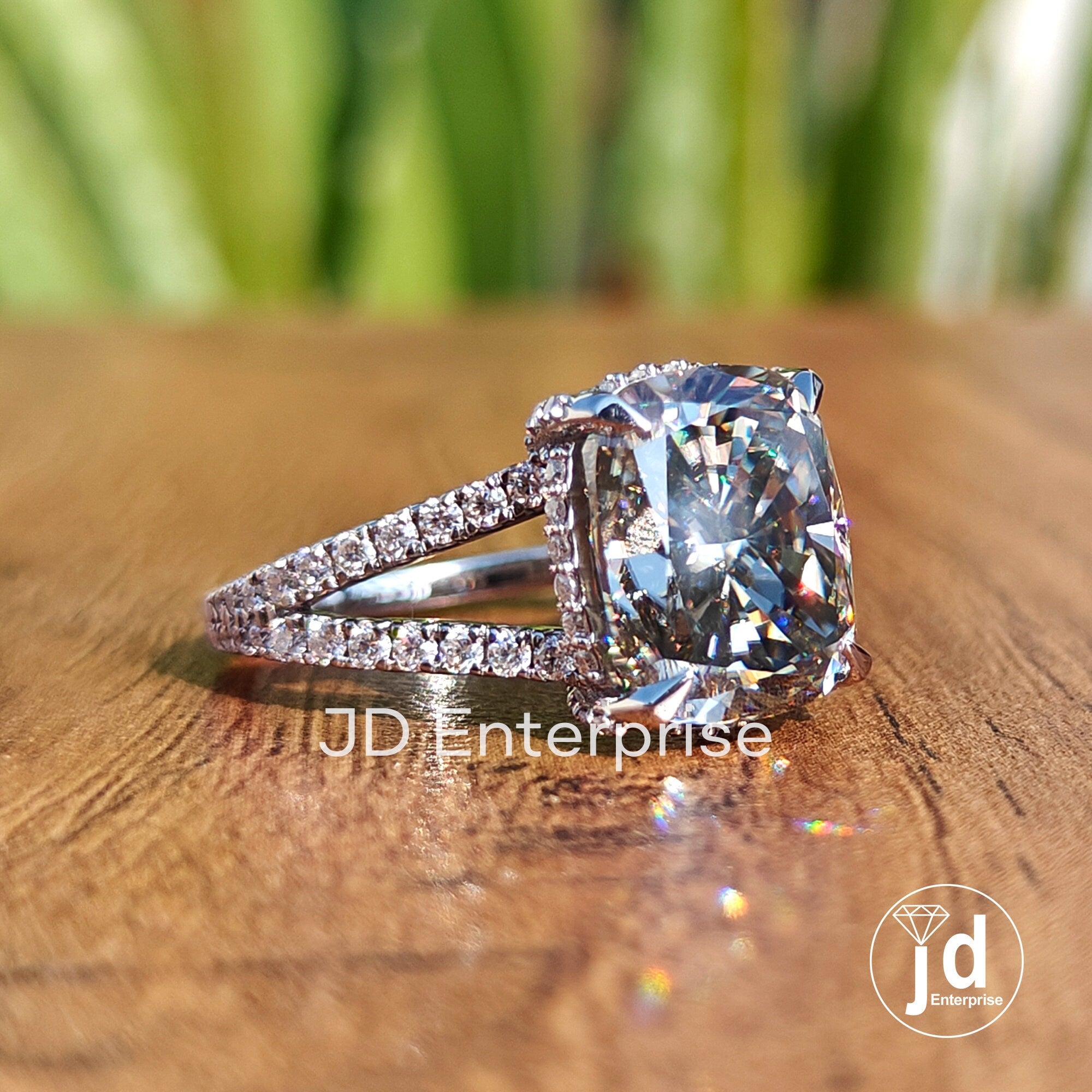 4.80CT Crushed Ice Cushion Light Grey Moissanite Engagement Ring, Hidden Halo Wedding Ring Pave Set Anniversary Ring, White Gold Bridal Ring