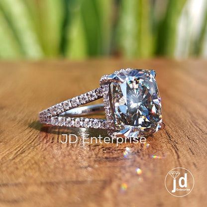 4.80CT Crushed Ice Cushion Light Grey Moissanite Engagement Ring, Hidden Halo Wedding Ring Pave Set Anniversary Ring, White Gold Bridal Ring