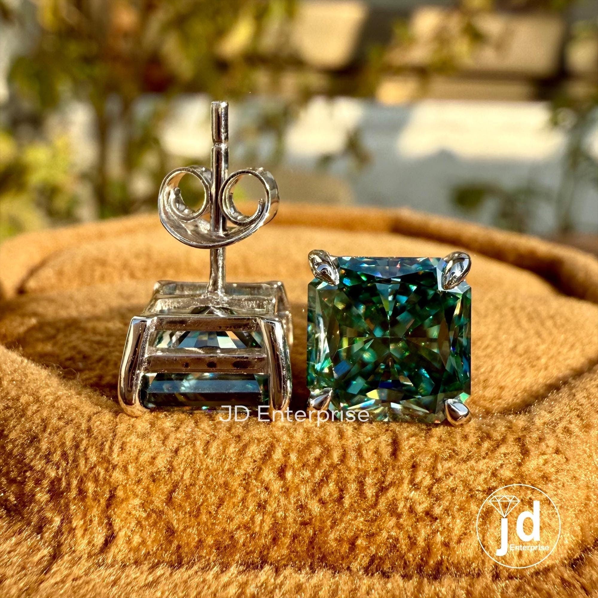 5.00 TCW Radiant Cut Greenish Blue Moissanite Stud Earrings for Women, Claw Prongs, Wedding Earrings, Bridal Earrings, Engagement Earrings