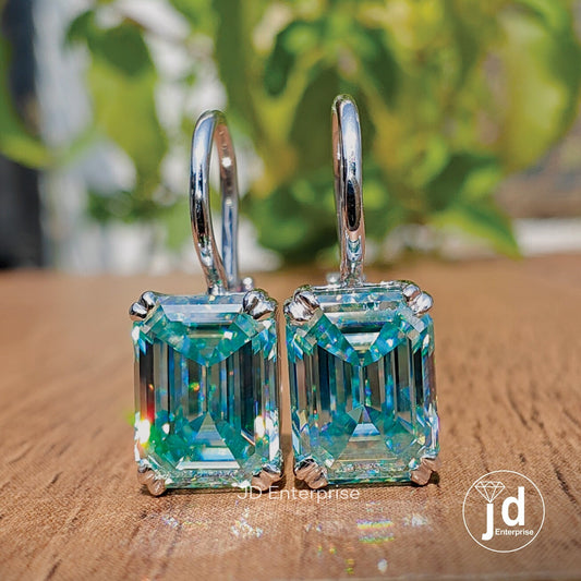 4.72 TCW Cyan Blue Emerald Cut Moissanite Engagement Earrings, Moissanite Wedding Earrings, Dangle Drop Bridal Earrings, Proposal Earrings