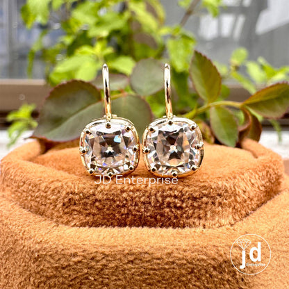 Old Mine Cushion Colorless Moissanite Bridal Earrings, Vintage Solitaire Moissanite Wedding Earrings, Dangle Drop Earrings, Anniversary Gift