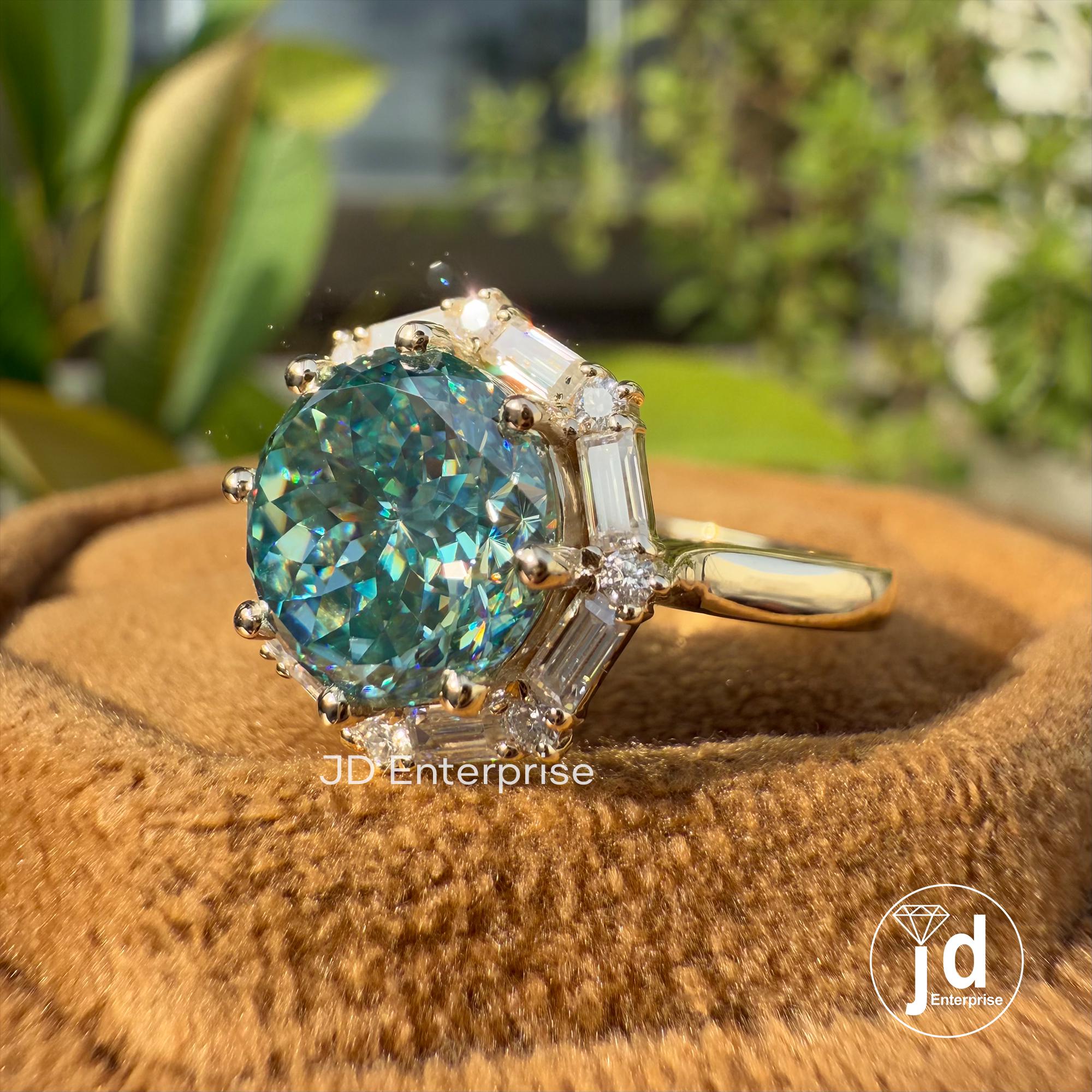 3.0 CT Portuguese Cut Cyan Blue Moissanite Ring, Vintage Style Engagement Ring, Baguette and Round Halo Ring, Wedding Ring, Anniversary Gift
