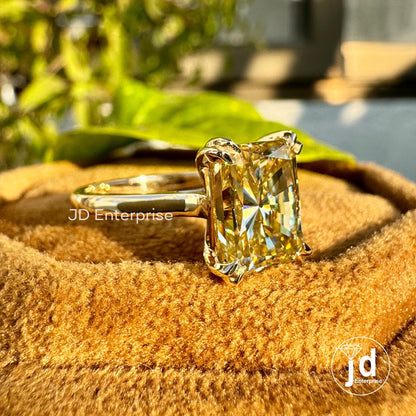 2.60 CT Radiant Crushed Ice Canary Yellow Moissanite Ring, Solitaire Engagement Ring, Yellow Gold Wedding Ring for Women, Double Claw Prongs