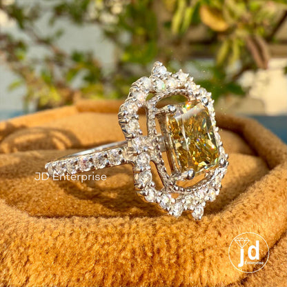1.50 CT Radiant Cut Canary Yellow Moissanite Engagement Ring, Flower Style Halo Wedding Ring, Milgrain Ring, Art Deco Accent Bridal Ring Set