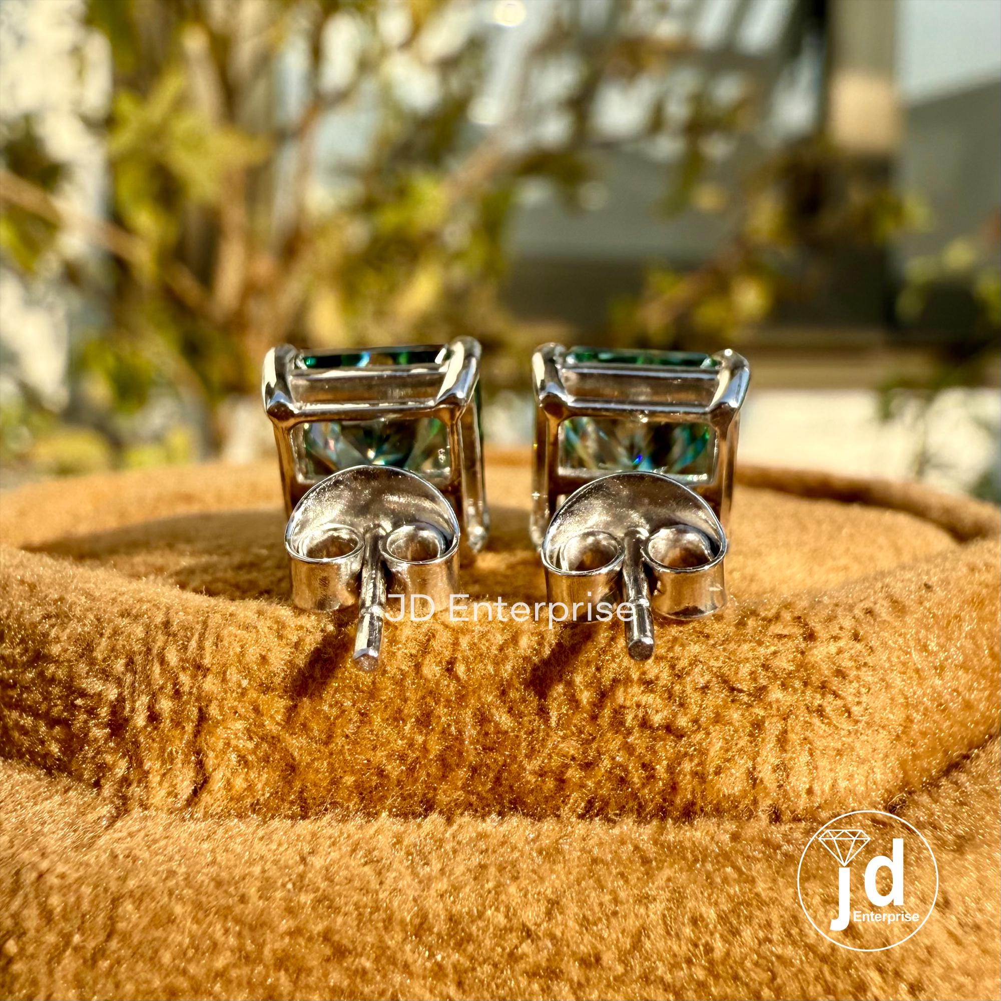 5.00 TCW Radiant Cut Greenish Blue Moissanite Stud Earrings for Women, Claw Prongs, Wedding Earrings, Bridal Earrings, Engagement Earrings