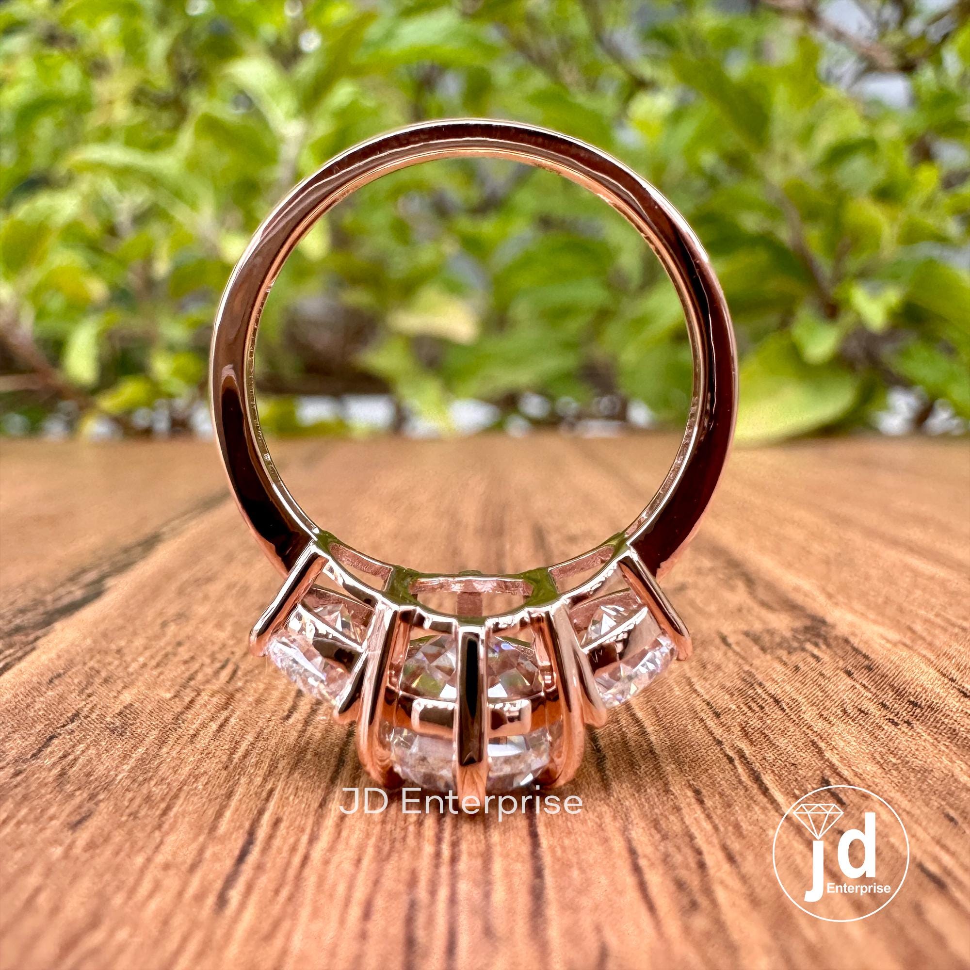 4.10 TCW Oval Step Cut & Half Moon Moissanite Engagement Ring, Three Stone Wedding Ring, 10k Rose Gold Ring for Women, Six Prong Bridal Ring