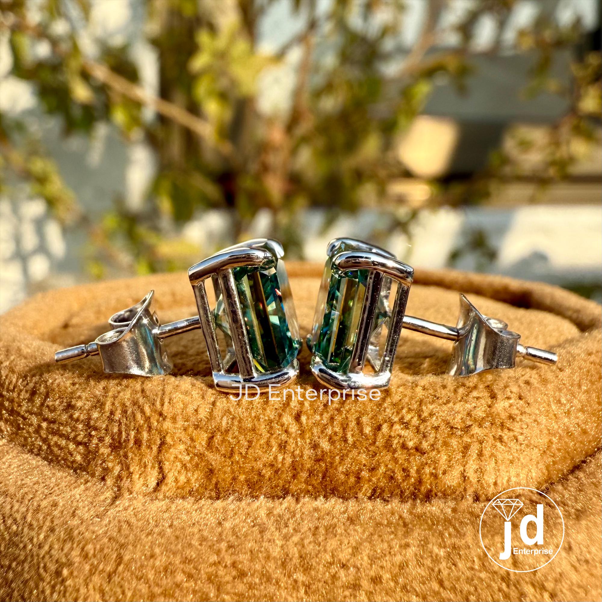 5.00 TCW Radiant Cut Greenish Blue Moissanite Stud Earrings for Women, Claw Prongs, Wedding Earrings, Bridal Earrings, Engagement Earrings