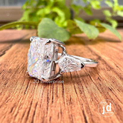 Three Stone Radiant Cut Engagement Ring, 5.65 TW Large Radiant Moissanite Ring, Celebrity Style, Crushed Ice Moissanite, Luxury Wedding Ring