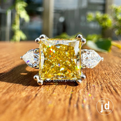 3.50 TW Canary Yellow Princess Moissanite Engagement Ring, Three Stone Wedding Ring, Anniversary Gift, Side Pear Cocktail Ring, Propose Ring