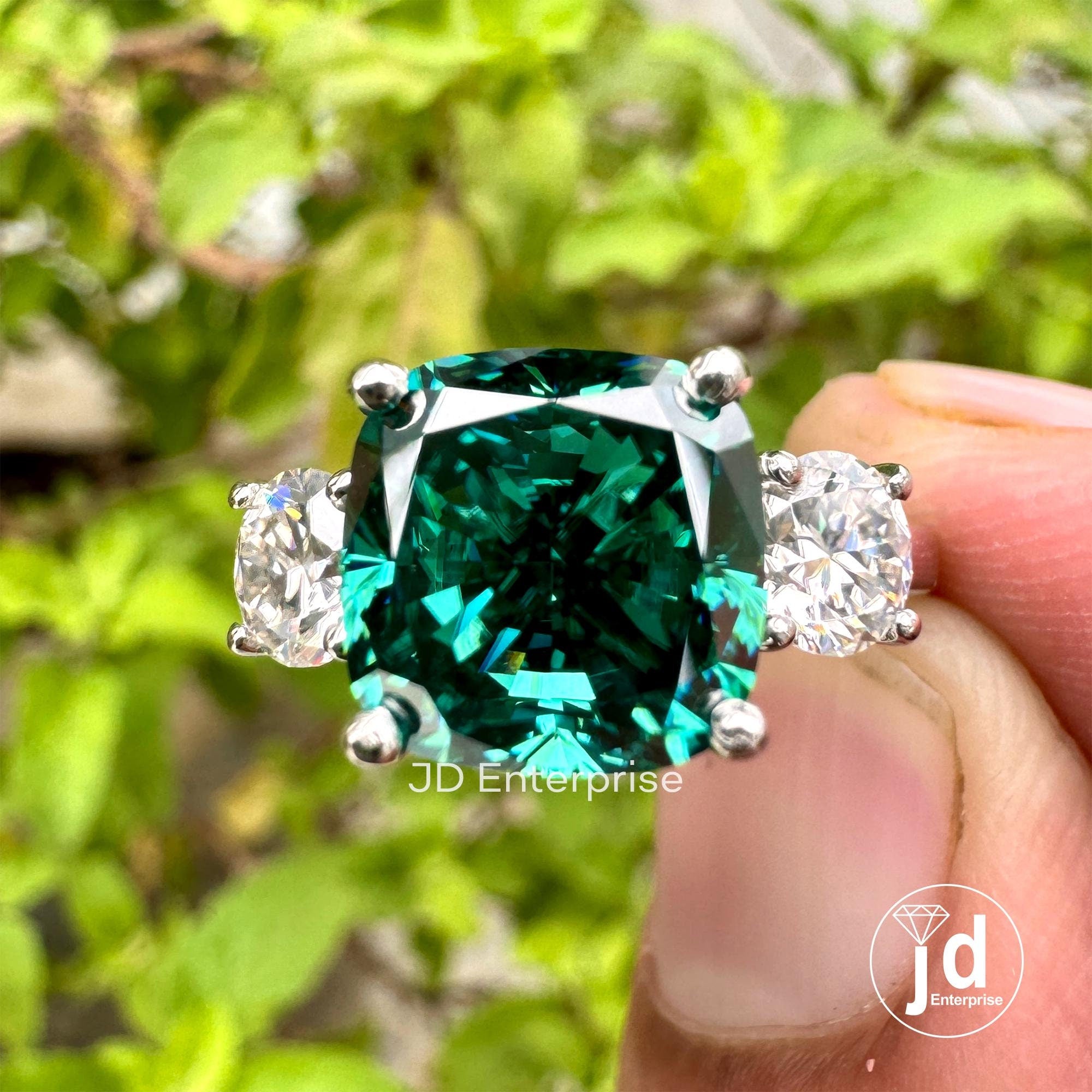 4.00TCW Cushion Cut Green Moissanite Engagement Ring, Three Stone Ring, White Gold Bridal Ring, Cocktail Anniversary Gift Ring, Wedding Ring