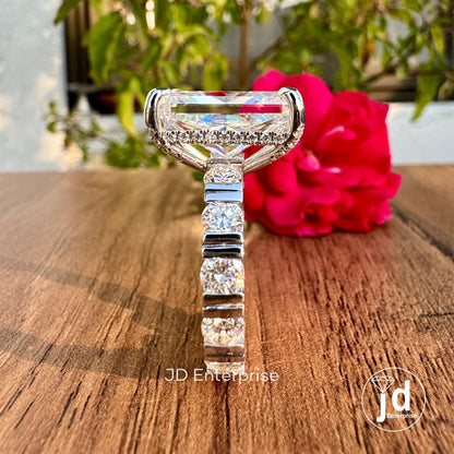 10.23CT Large Radiant Cut Moissanite Engagement Ring, Celebrity Style Solitaire Wedding Ring, Hidden Halo Bridal Ring, Bar Set Eternity Band