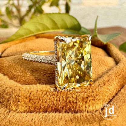 8.00 CT Big Radiant Cut Canary Yellow Moissanite Engagement Ring, Three Side Pave Wedding Ring, Hidden Halo Bridal Ring, Peekaboo Setting