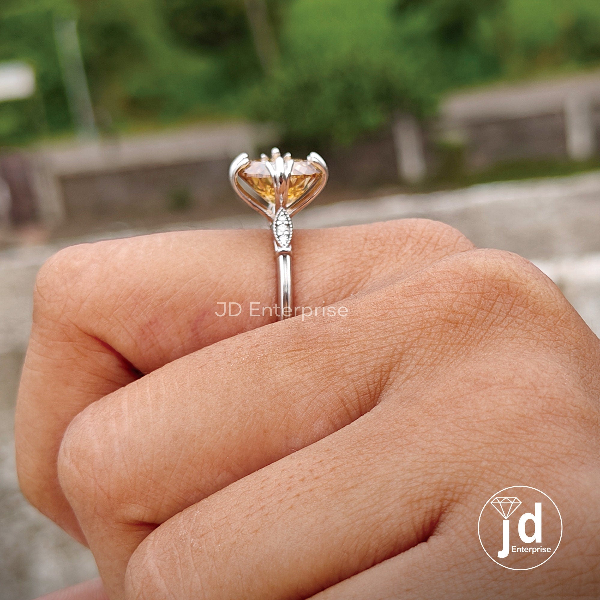 5.05 CT Portuguese Champagne Moissanite Engagement Ring, Milgrain Wedding Ring, Fish Tail Prongs, Round Accent Bridal Ring, Anniversary Ring