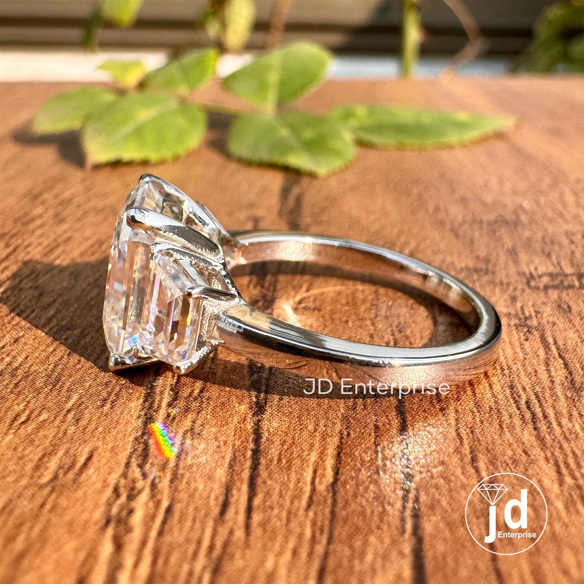 4.00CT Old Mine Emerald Cut Colorless Moissanite Engagement Ring, Three Stone Wedding Ring, Vintage Proposal Ring, Anniversary Gift Ring