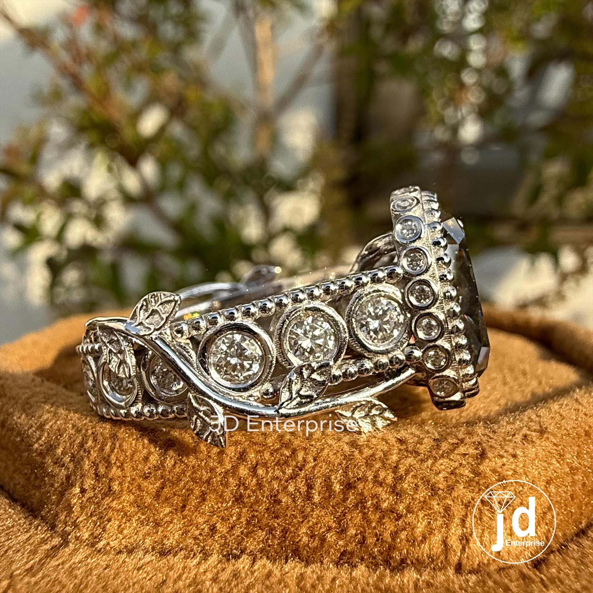 Vintage 5.24 TCW Light Grey Old Mine Cushion Cut Engagement Ring, Bezel Set Branch & Leaf Moissanite Wedding Ring, Milgrain Hidden Halo Ring