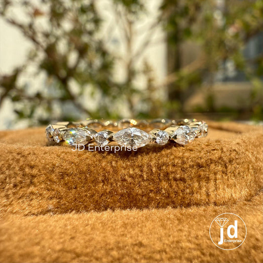 Alternating Moissanite Band, 0.77 TCW Marquise and Round Cut Colorless Moissanite Wedding Band, Full Eternity Band, Stackable Band, Bridal