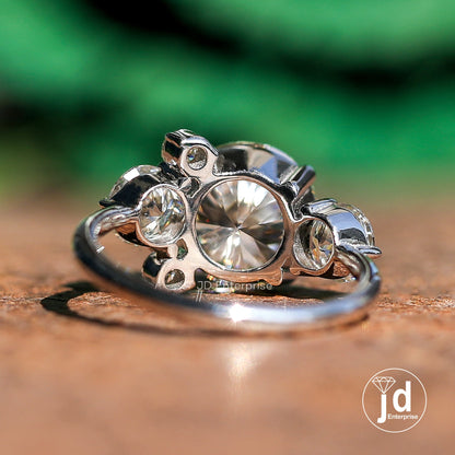 3.60 TCW Colorless Round Cut Moissanite Engagement Ring, Five Stone Wedding Ring, Art Deco Bridal Ring, Antique Basket Set Anniversary Ring