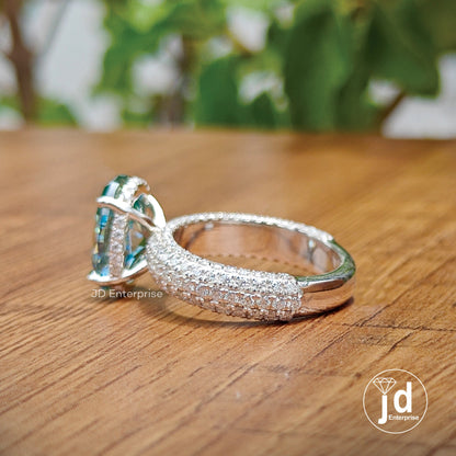 3.50 CT Cyan Blue Oval Cut Moissanite Engagement Ring, Hidden Halo Wedding Ring, Three Side Pave Anniversary Ring, Wide Band, Bridal Ring