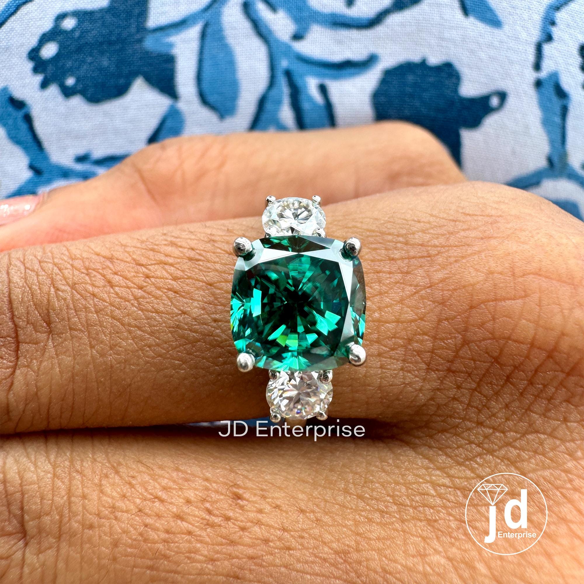4.00TCW Cushion Cut Green Moissanite Engagement Ring, Three Stone Ring, White Gold Bridal Ring, Cocktail Anniversary Gift Ring, Wedding Ring